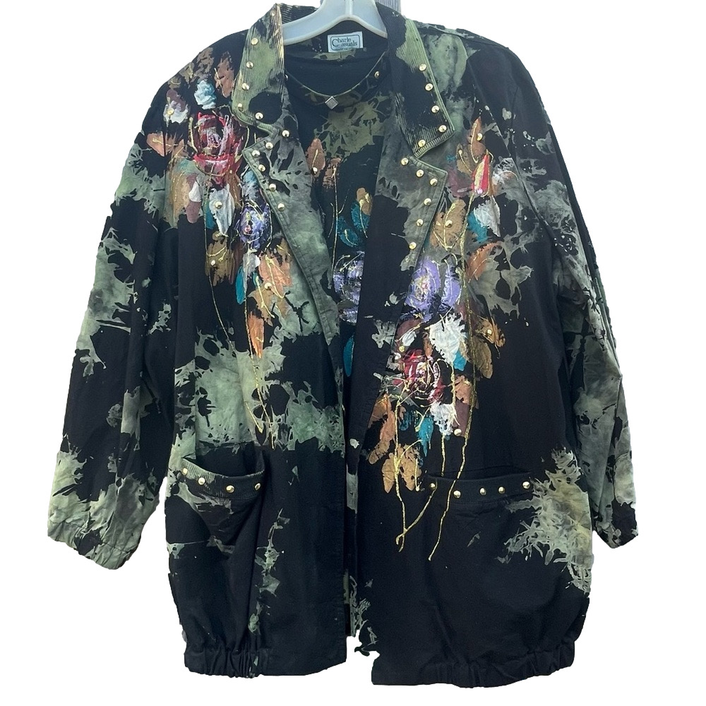 Vintage 80s Hand-Painted Floral 3-Piece Set - Jacket, T-Shirt, and Pants - Large